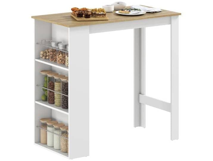 Table de bar table haute de cuisine mange-debout comptoir 112L x 57l x 106H cm - 3 étagères - aspect chêne clair blanc