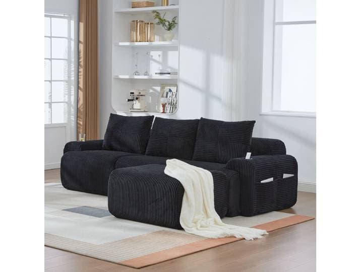 COVREO canapé modulable 3 places 268x174x80 cm avec pouf porte-gobelet et poche de rangement noir