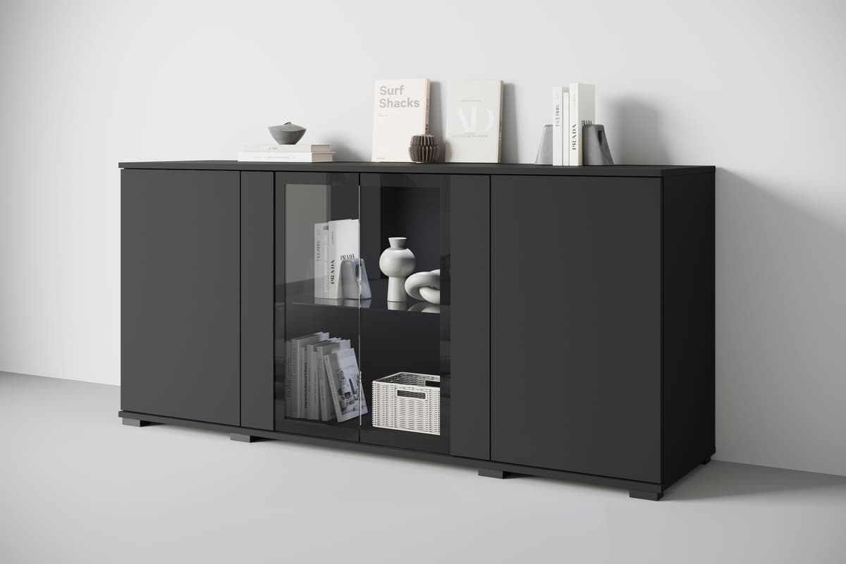 Sideboard HOME AFFAIRE "Caro, modernes Design mit Glaseinsätzen, Breite 150 cm", schwarz (graphite schwarz matt), B:150cm H:70cm T:39,5cm, Sideboards, Sideboard, Grifflose Fronten mit Push-to-Open, höhenverstellbare Einlegeböden graphite schwarz matt B/H/