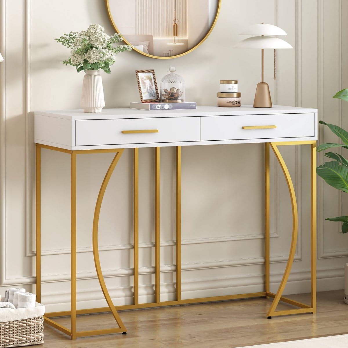 Wishdor Consoletafel MDF met metalen onderstel, wit, met lade en verstelbare poten