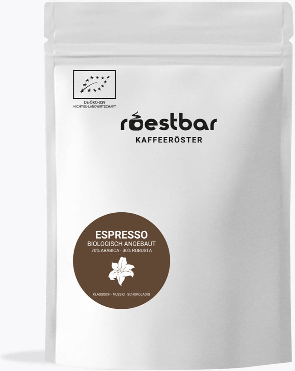 roestbar Bio Espresso 250 g   Ganze Bohne   70% Brasilien, 30% Indien   Medium Roast Kaffee für Espresso, Caffè Crema & Americano, schokoladig