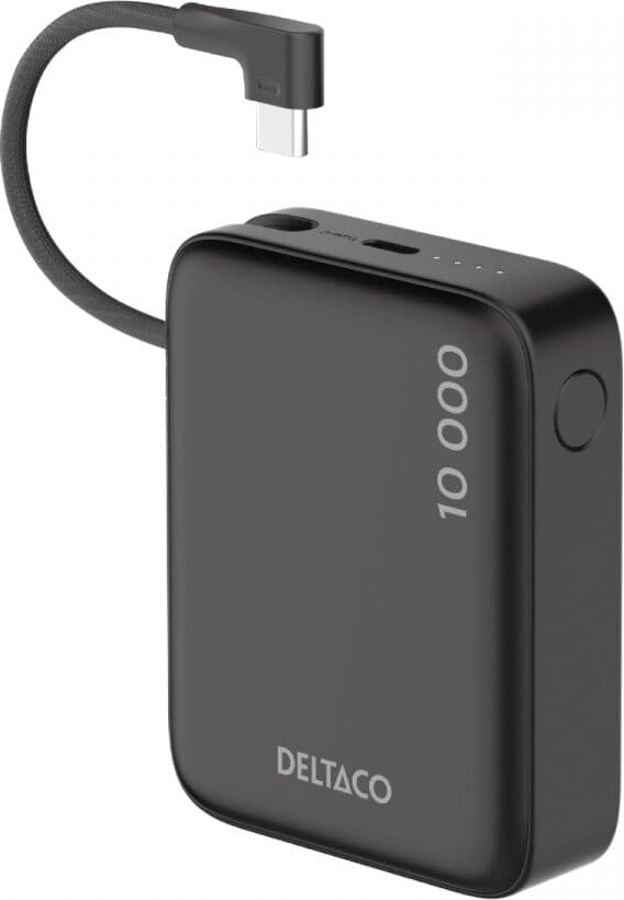 Deltaco 10.000 Mah Powerbank Med Innebygd Stoffkabel - Svart