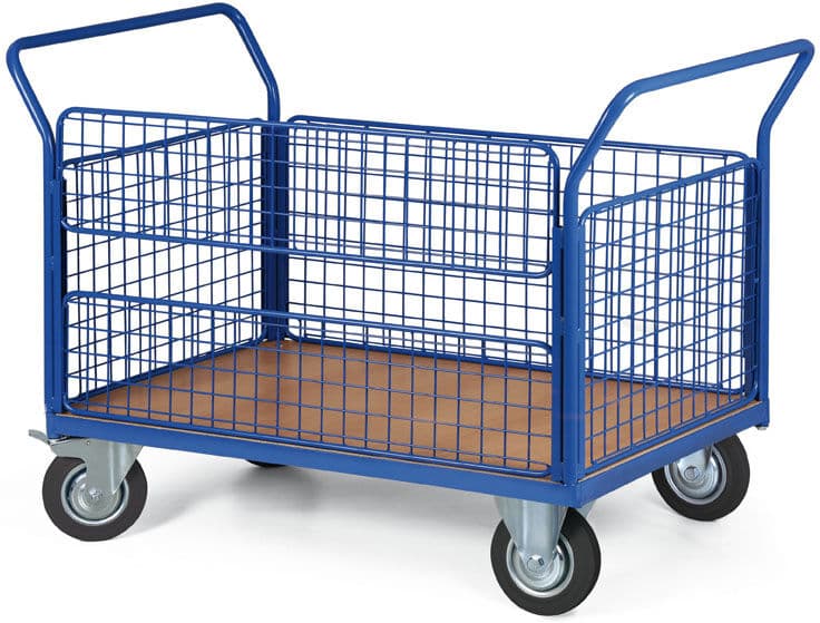 B2B Partner Plošinový vozík s drátěnými výplněmi, 1200x800 mm, nosnost 300 kg, kola 160 mm s černou pryží