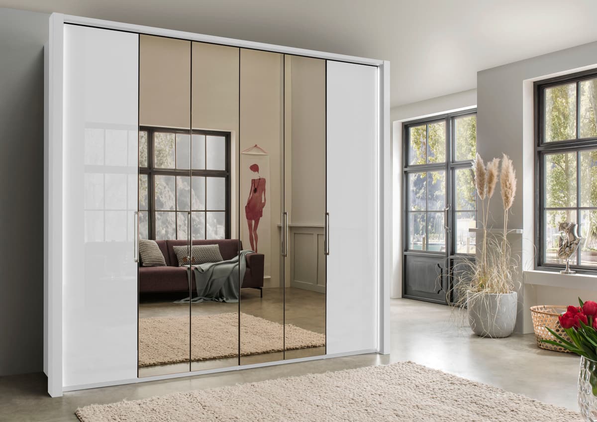 Kleiderschrank WIEMANN "Kansas", weiss (weiß, weißglas und spiegel), B:300cm, Schränke, Kleiderschrank, mit Spiegel und Glas weiß, weißglas und spiegel B/H/T: 300cm, Türen: 2 Stk.