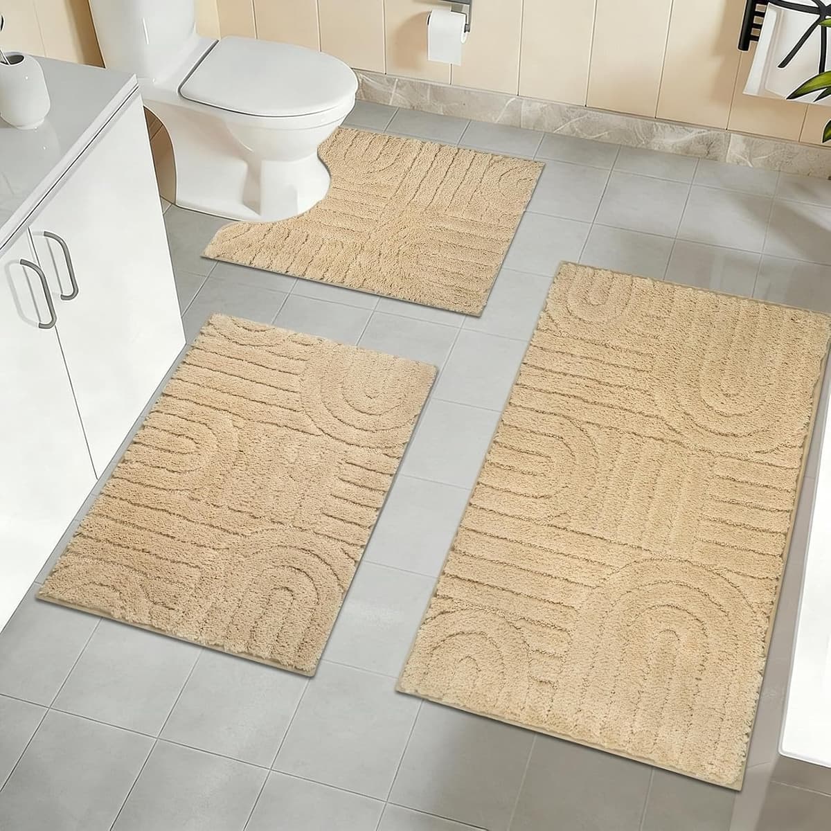 Zachte Microfiber Badmat Set van 3 - Antislip, Wasbaar en Waterabsorberend voor Douche, Toilet en Bad (Beige)