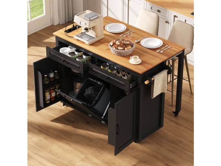 Îlot de cuisine sur roulettes – noir – MDF – plan de travail extensible et station de charge intégrée