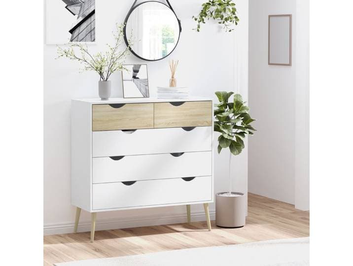 Commode - 5 tiroirs - Blanc et chêne - 99×39×101 cm - Pieds bois massif