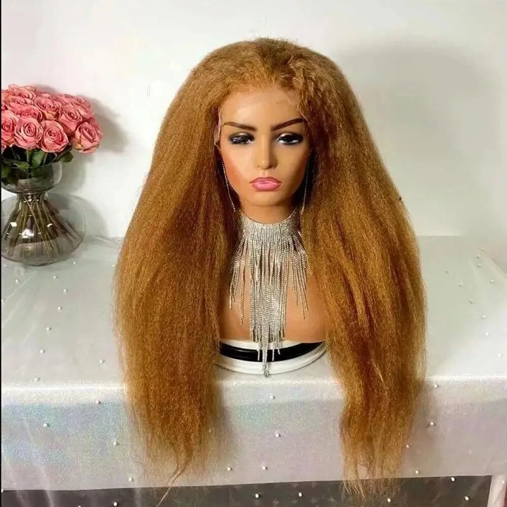 NONE 26Inch Soft Yaki Preplucked brown Color 180Density Kinky Straight Lace Front Wig Synthetic Baby Hair Glueless Daily Wear Wig