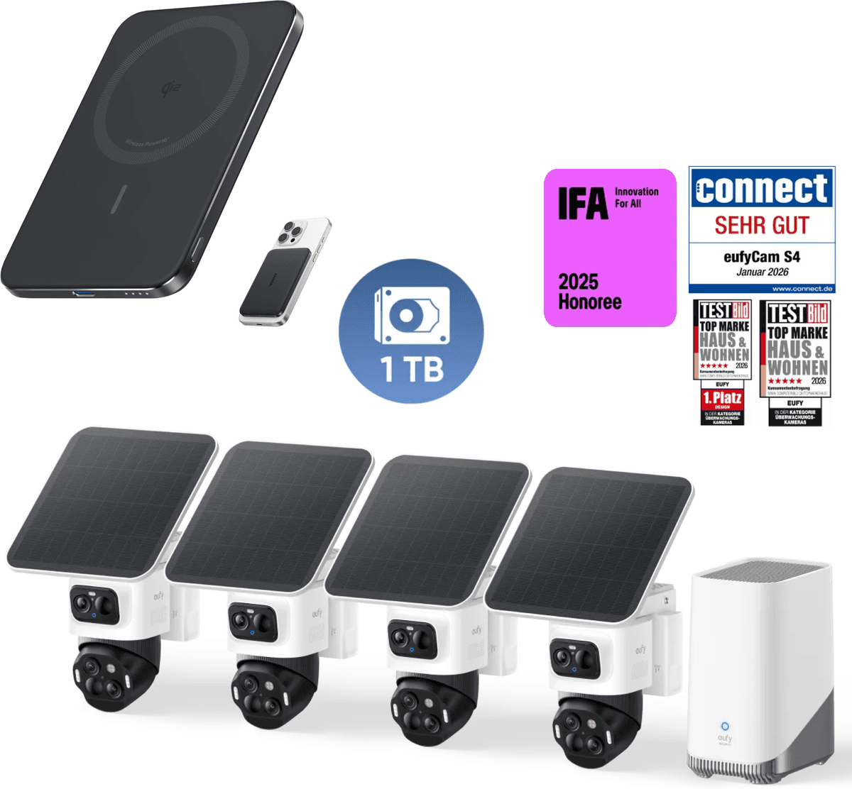 Anker eufyCam S4 4‑Kamera‑Set mit 1TB Festplatte und Anker Nano Powerbank (5K, Magnetisch, Slim)