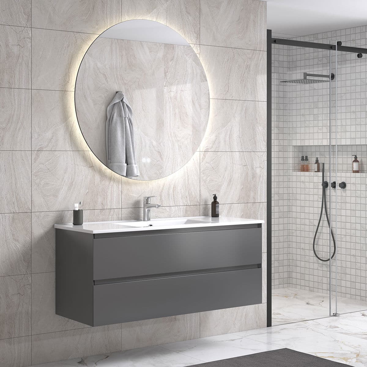 Noradesign 120 Cm Hvit Matt Baderomsmøbel Dobbel M/hvit Servant Og Rundt Speil