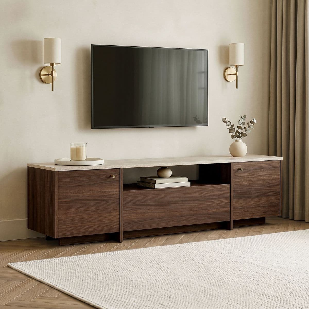 Nordure Alvar Tv-Benk – Travertine / Milano Walnut