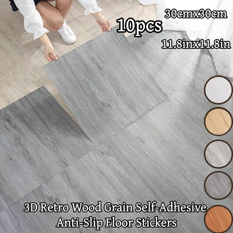 NONE 10pcs 11.8inx11.8in Anti-Slip Vinyl Floor Stickers - Stain-Resistant Wood Grain,3D Retro Wood Grain Self-Adhesive Floor Sticker
