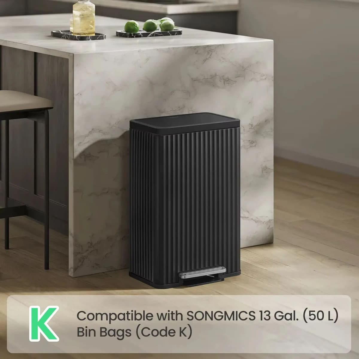 SONGMICS 50L Black Stainless Steel Kitchen Bin with Soft-Close Lid