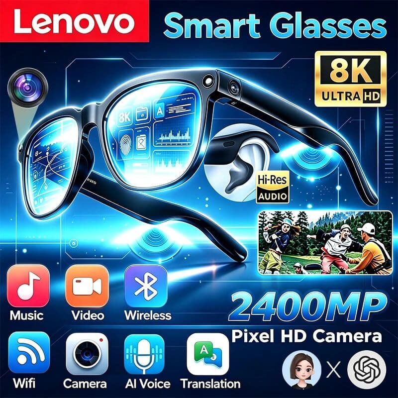 Lenovo 2400MP AI Smart Glasses 8K HD Camera Video Recording Bluetooth Call Translation AI Voice Assistant Outdoor Sunglasses