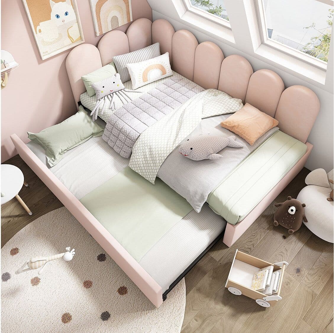 Merax Gestoffeerd uitschuifbed - 90 x 200 cm + 90 x 190 cm - kinderslaapbank - zonder matras - fluweel - roze