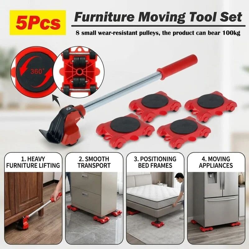 NONE 5Pcs Furniture Mover Lifter Set, Heavy Duty Roller Wheels with Bar Tool, Easy Transport for Cabinets Sofas Refrigerators