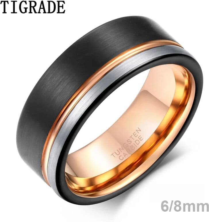 TIGRADE Men Tungsten Ring Black Rose Gold Color Brushed 6/8mm Wedding Band Engagement Rings Men's Party Trendy Bague Homme