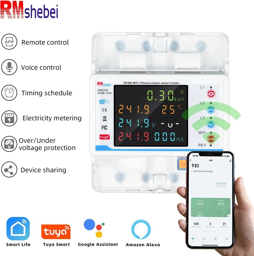 RMshebei Smart Circuit Breaker Wifi 3Phase Alexa Voltage Protector Tuya Smart Life Switch With Metering Switch Energy Meter 100A