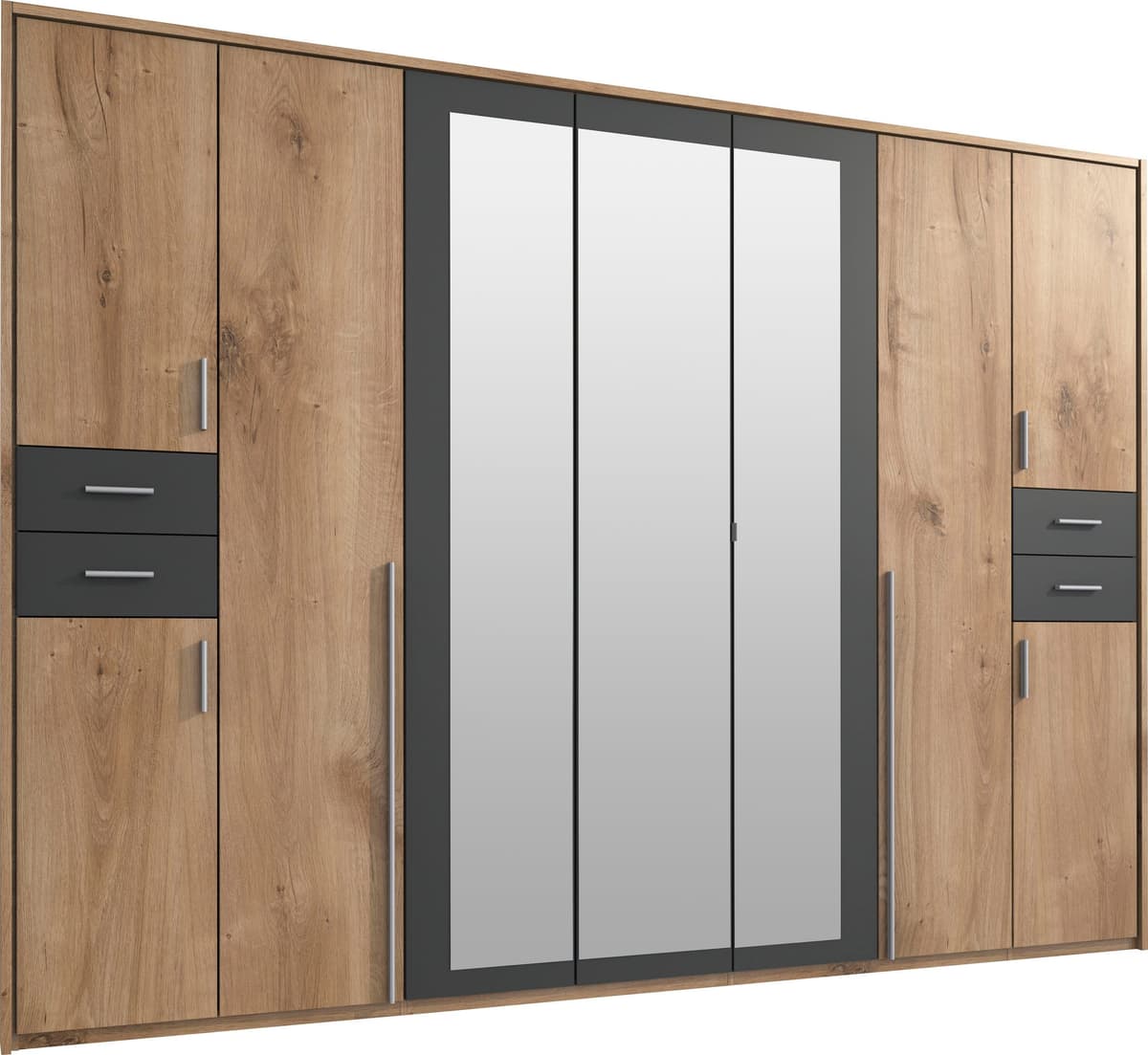 Drehtürenschrank WIMEX "Vegas", grau (plankeneichefb, graphit, griffe alu), B:316cm H:210cm T:58cm, Holzwerkstoff, Schränke, Drehtürenschrank, inklusive Passepartout-Rahmen, mit Spiegeltüren und Schubladen plankeneichefb, graphit, griffe alu B/H/T: 316cm 
