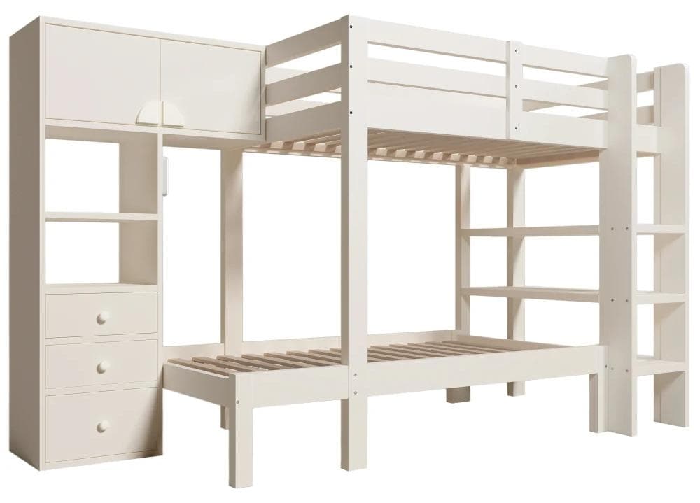 Etagenbett für Kinder - 90 x 200 cm - Intelligentes Nachtlicht - Kleiderschrank, Regal und Schubladen - Geräumiger Stauraum - Weiß