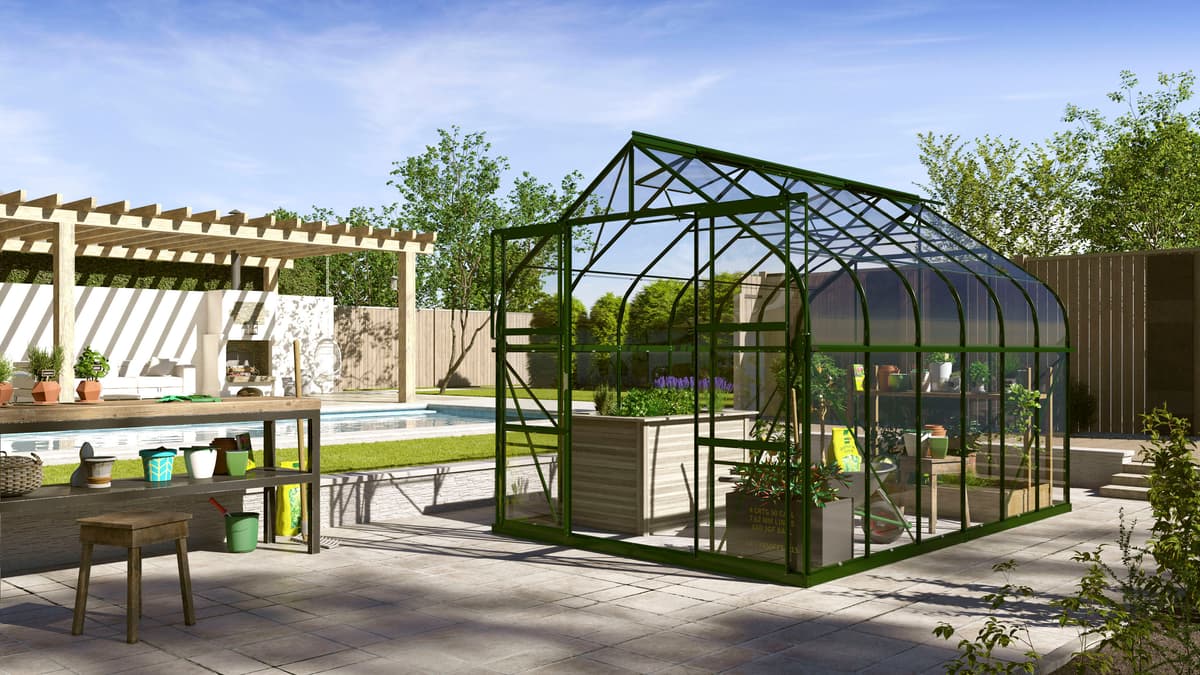 Gewächshaus VITAVIA "Dione 9900 smaragd", grün (dunkelgrün), B:264cm H:261cm T:383cm, Gewächshäuser, Gewächshaus, inkl. Fundamentrahmen, Dachlüfter und Min-Max-Thermometer