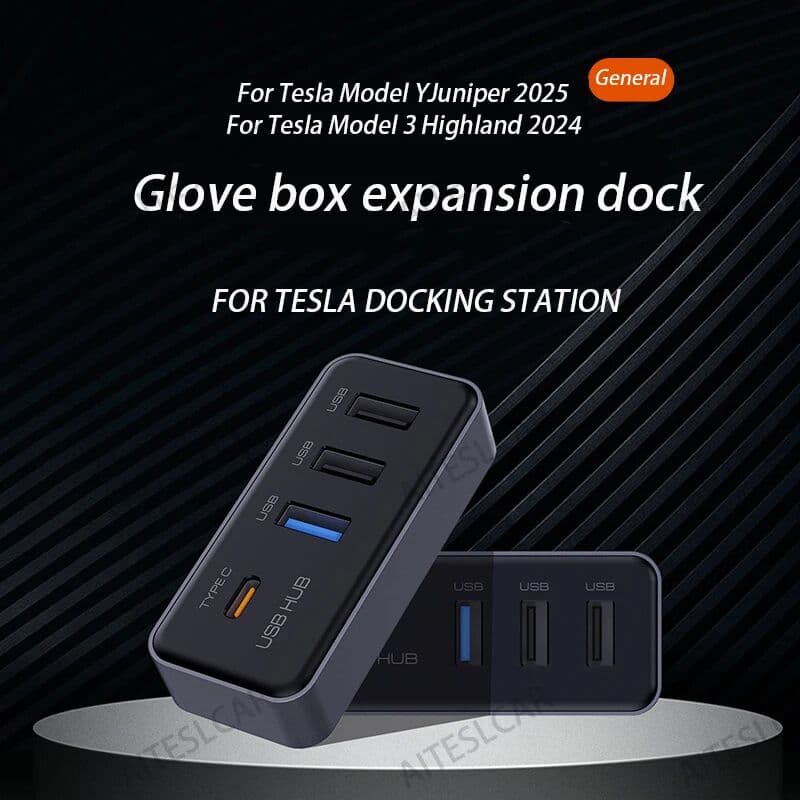 AITESLCAR Docking Station USB Hub 4-in-1 for Tesla Model 3 Model Y Glovebox for Dashcam Flash Drive Charger Data Transfer Games Music