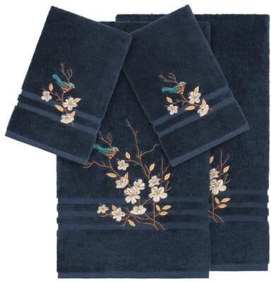 Authentic Hotel and Spa Turkish Cotton Blue Bird Embroidered Midnight Blue 4-piece Towel Set