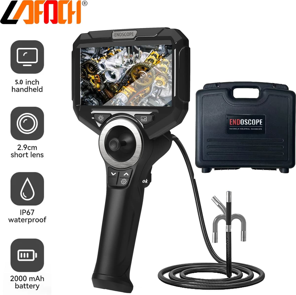 LAFOCH 6mm720 Degrees All Way Steering Industrial  Endoscope for Car Pipe Inspection Sewer Camera Borescope With 5 Inch HD Screen