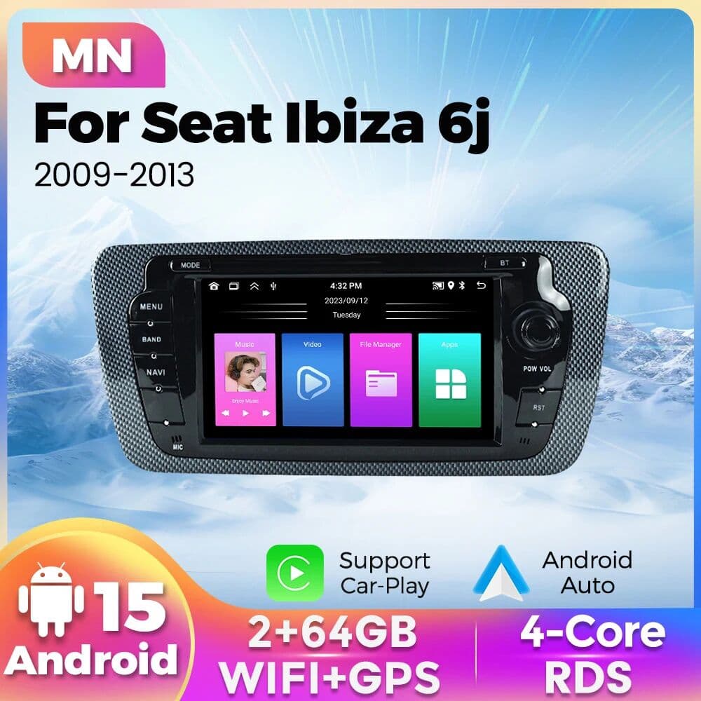 STRONGNAVI 4-Core 2+64G Android 15 Autoradio For Seat Ibiza 6j 2009 2010 2011 2012 2013 Car Radio WIFI GPS RDS Carplay Multimedia Player