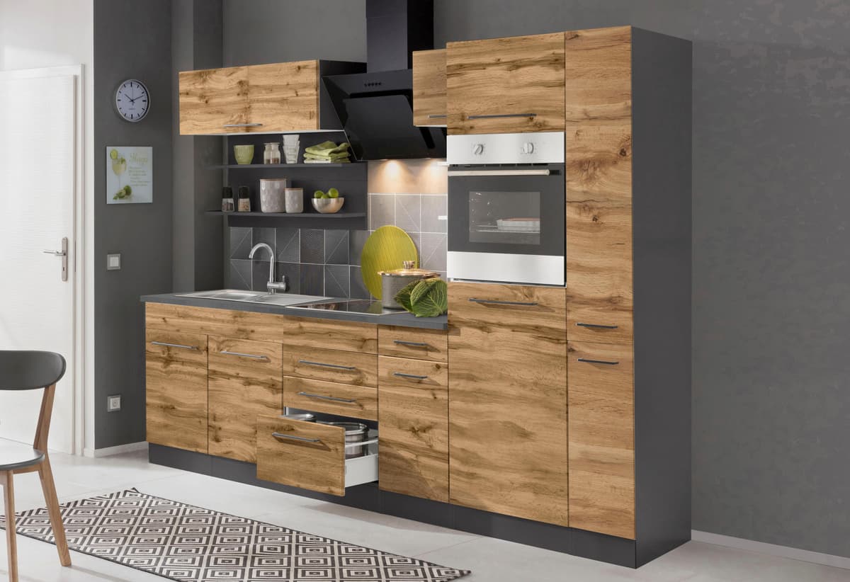 Küchenzeile KOCHSTATION "KS-Tulsa", braun (küche: natur, korpus: grafit, arbeitsplatte: anthrazit), B:270cm T:60cm, Komplettküchen-Sets, Küchenzeile, ohne E-Geräte, Breite 270 cm, schwarze Metallgriffe, MDF Fronten
