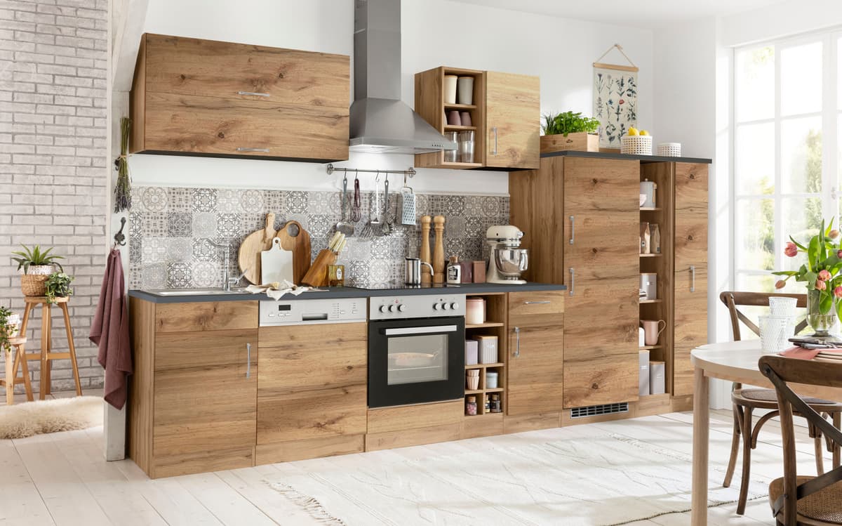 Küchenzeile KOCHSTATION "KS-Colmar", braun (küche: braun, korpus: wotaneichfarben, arbeitsplatte: anthrazit), B:360cm T:60cm, Komplettküchen-Sets, Küchenzeile, ohne E-Geräte, Breite 360 cm
