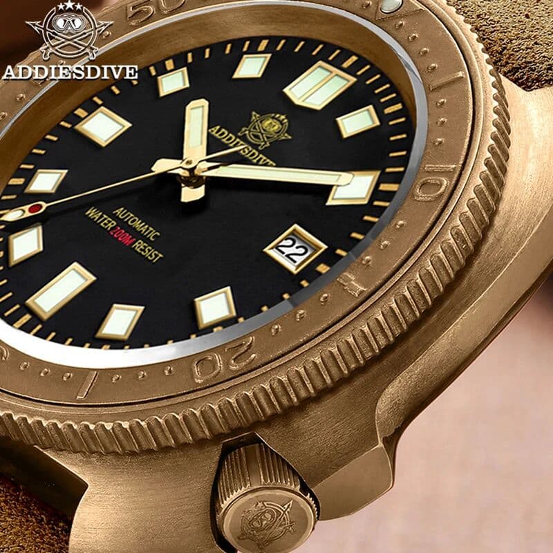 ADDIESDIVE CUSN8 Bronze Watch Men Automatic Wristwatch Calendar Sapphire Glass Luminous 20Bar Waterproof Diving Mechanical Watch
