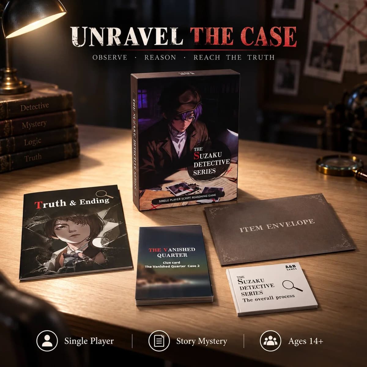 NONE Suzaku Detective Murder Mystery Case Files, 3 Connected Cases, Evidence Cards, Whodunit Logic Puzzle, Game Night