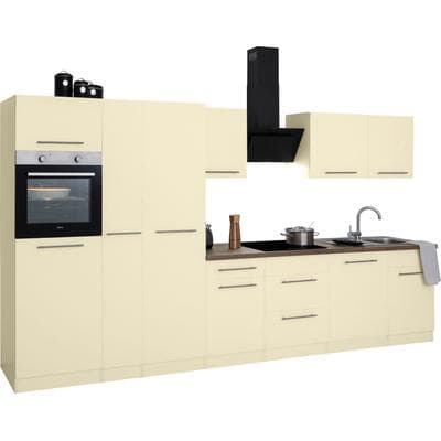 Küchenzeile WIHO KÜCHEN "Unna", gelb (küche: gelb, korpus: magnoliafarben, arbeitsplatte: eiche tabak nachbildung), B:360cm T:60cm, Komplettküchen-Sets, Küchenzeile, ohne E-Geräte, Breite 360 cm