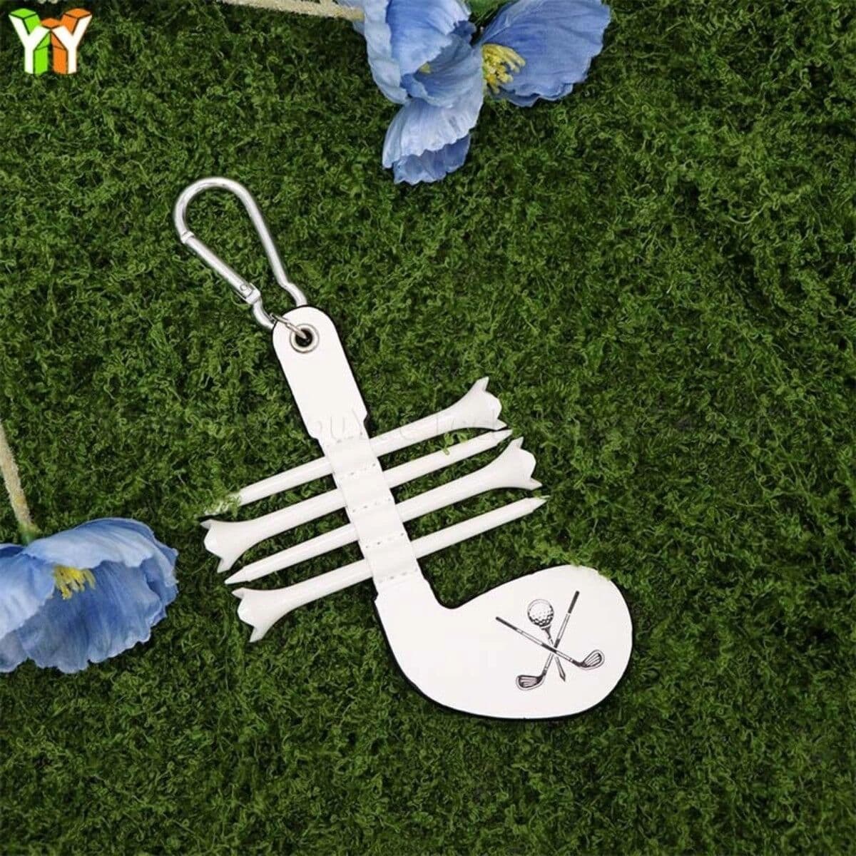 INF Pochette porte-tee en PU en forme de club de golf avec pince portable pour sac de golf Blanc