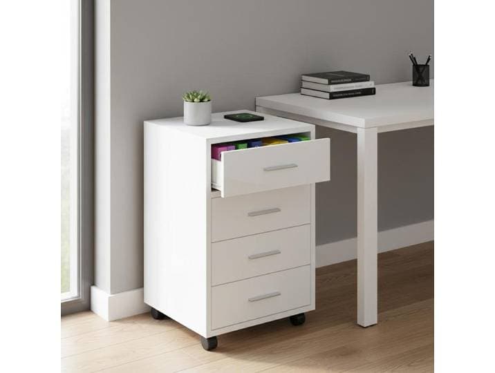 Armoire avec tiroirs et roulettes, blanche, finition brillante