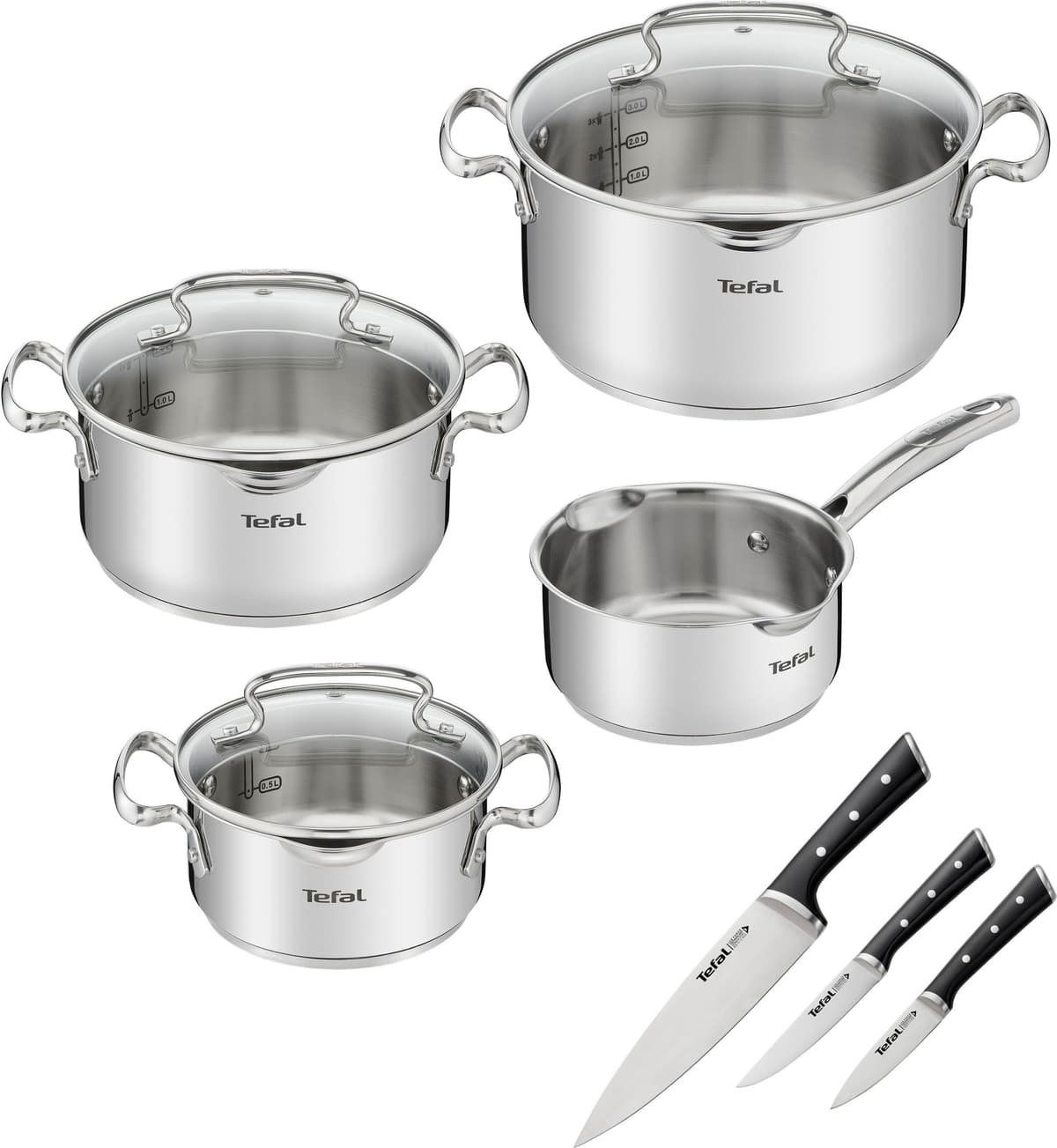 Topf-Set TEFAL "G719S7_K2323S74 Duetto+ Ice Force", grau (edelstahl), B:30cm H:19cm L:54cm Ø:24cm, Töpfe, rostfreier Edelstahl, Deckel m. Abgießfunktion, inkl. 3tlg. Messer-Set