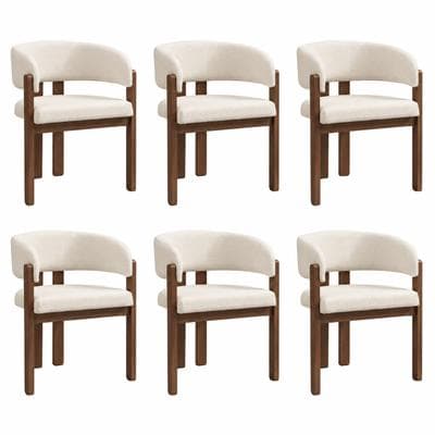 Merax 6er-Set Esszimmerstühle 60 x 51 x 80 cm, Massivholz mit Beige Bouclé-Bezug und Armlehnen, hoher Sitzkomfort, Walnussfarben