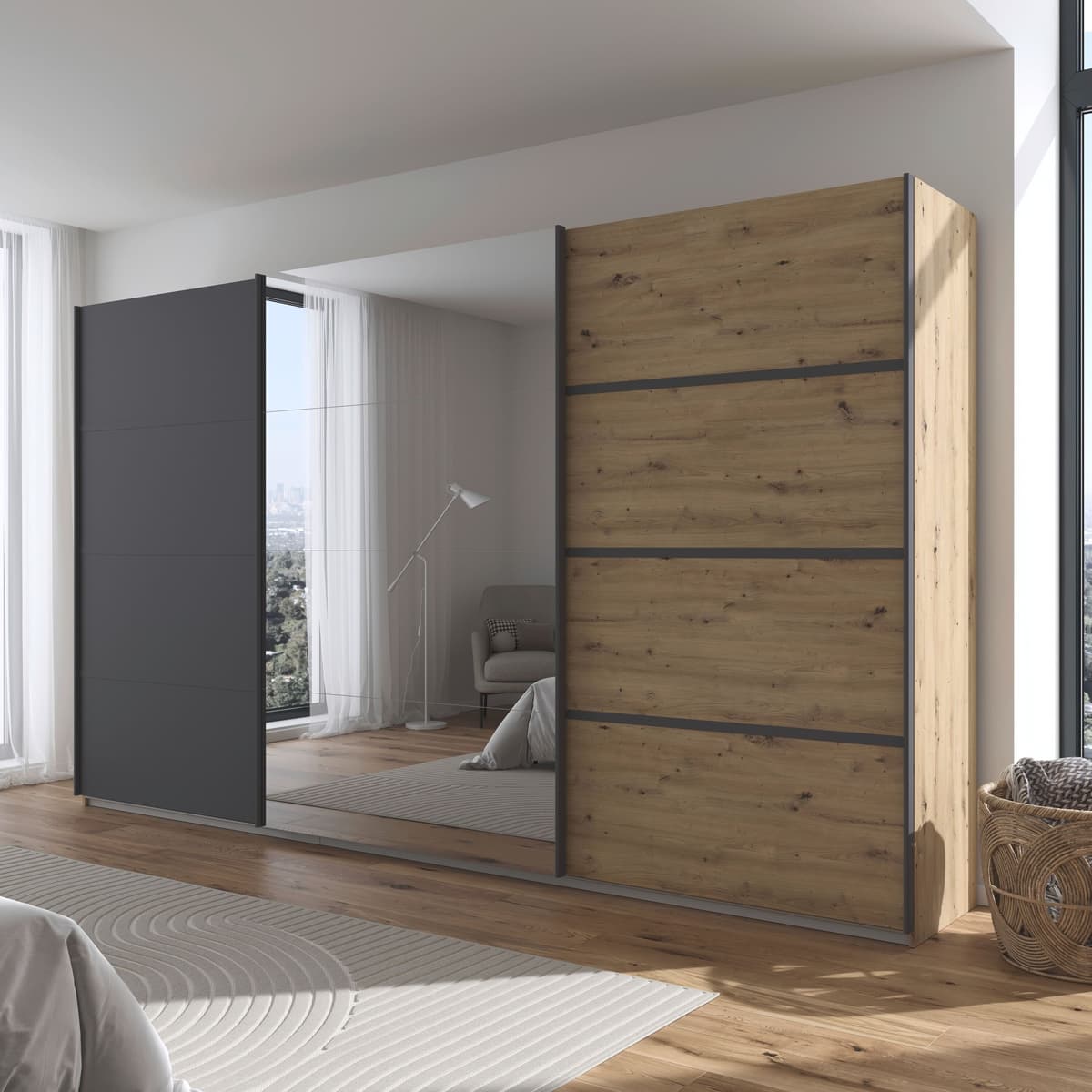 Kleiderschrank OTTO HOME "Mehrzweckschrank Aktenschrank Möbel Mietswohnung Schlafzimmer AVOLA", beige (eiche artisan, graumetallic, leisten graumetallic), B:360cm H:210cm T:62cm, Holzwerkstoff, Schränke, Kleiderschrank, mit eleganten Zierleisten in Chrom,