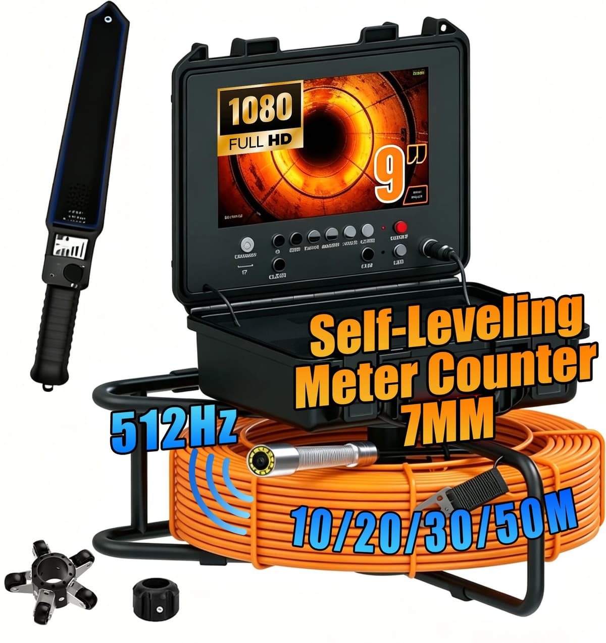 GAMWATER Sewer Inspection Camera, 7mm Diamete ,512Hz Self-Leveling Sewer Camera with Meter Counter,IP68 Endoscope Camera with 9