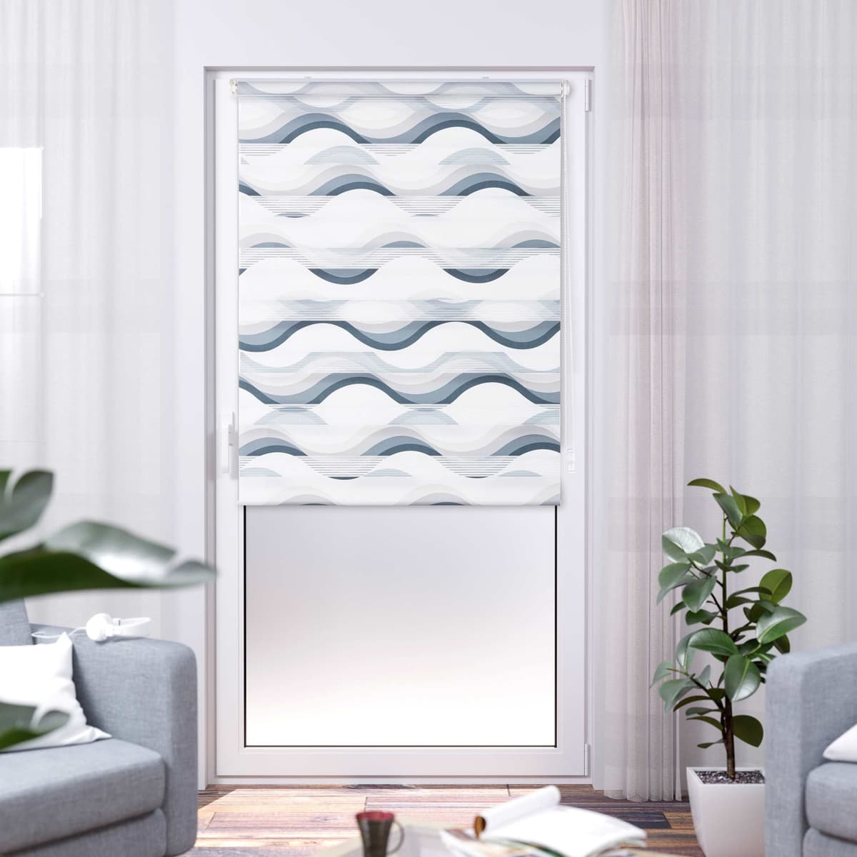 Doppelrollo K-HOME "Wellen Design", grau, weiß, weiß, B:85cm H:150cm, Polyester, Rollos, Doppelrollo, Bedruckt mit Muster grau, weiß, weiß 150cm, einseitig verschiebbar, 85cm