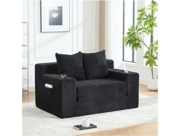 ELVORIN Canapé convertible 2 places 151 x 133 x 64 cm velours côtelé noir coussins et porte-gobelet