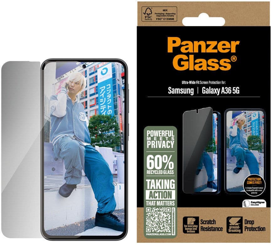 Samsung Galaxy A36 (5G) PanzerGlass Ultra Wide Fit Beskyttelsesglas m. EasyAligner - Privacy - Gennemsigtig