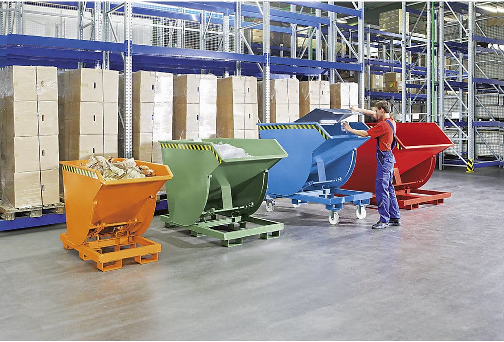 Kippbehälter, schmale Ausführung, Volumen 1,0 m³, Traglast 3000 kg, blau RAL 5012 eurokraft pro