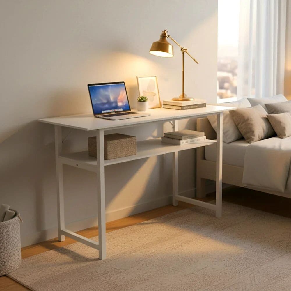 NONE 100cm Width 2 Tier Console Table White Narrow Sofa Back Side Table Behind Couch Storage Shelf Entryway Hallway Plant Stand Desk Easy Assembly Modern Metal Frame Wooden Top Sideboard Table For Living