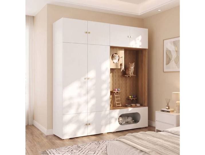 Armoire 2-en-1 180 x 50 x 200 cm avec espace chat penderie 6 rangements blanc et aspect bois
