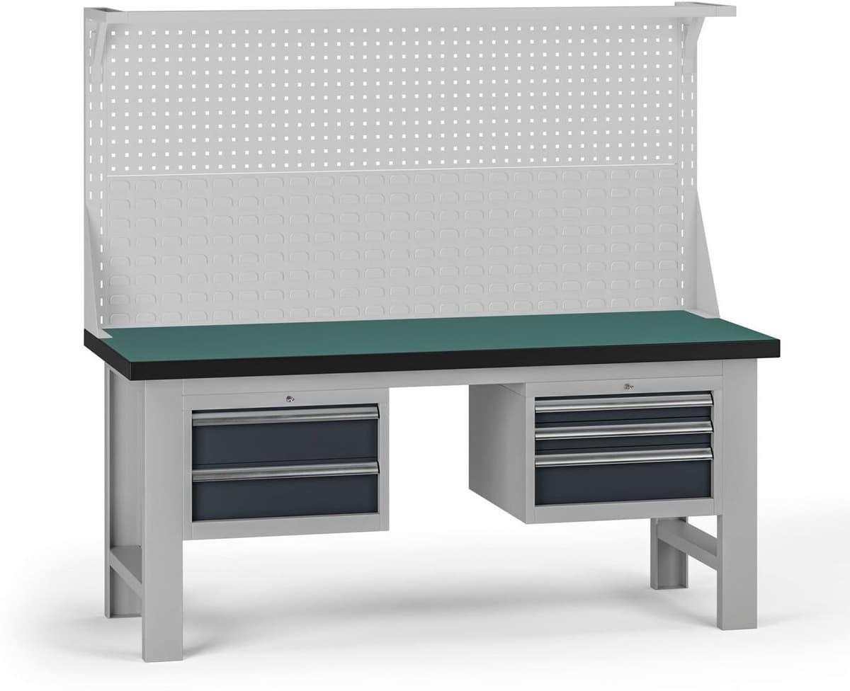B2B Partner Stół warsztatowy G8 z panelem, 1800 x 750 x 800 mm, 2x kontener, 5x szuflada, grafitowy