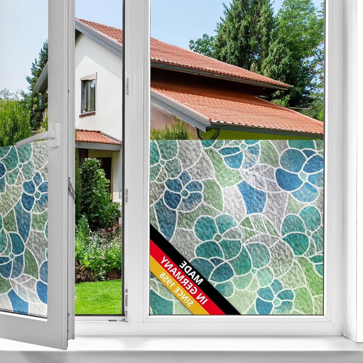 Blauwe zelfklevende raamfolie met mozaïeklook voor privacy, 45 cm x 2 m