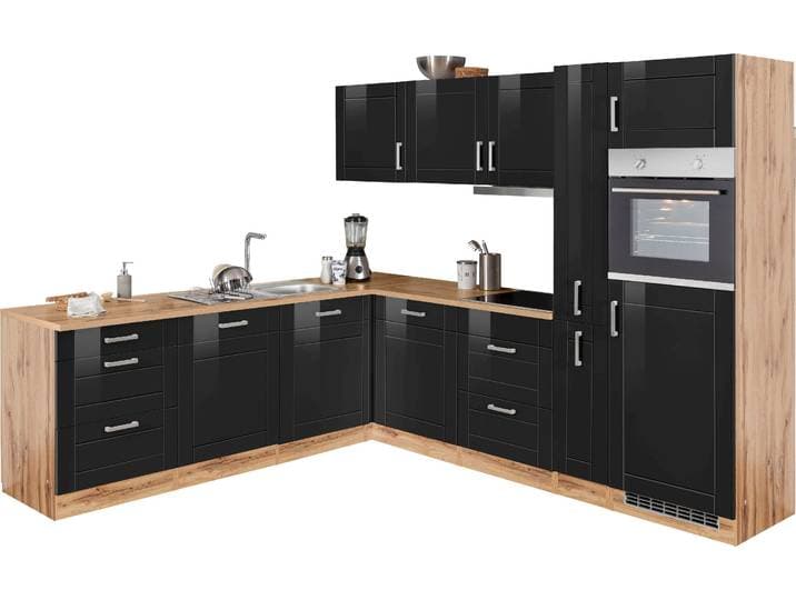 Winkelküche KOCHSTATION KS-Tinnum , schwarz (küche: schwarz, korpus: wotaneichefarben, arbeitsplatte: wotaneichefarben), B:240cm T:270cm, Komplettküchen-Sets, Winkelküche, mit E-Geräten, Stellbreite 240/270 cm