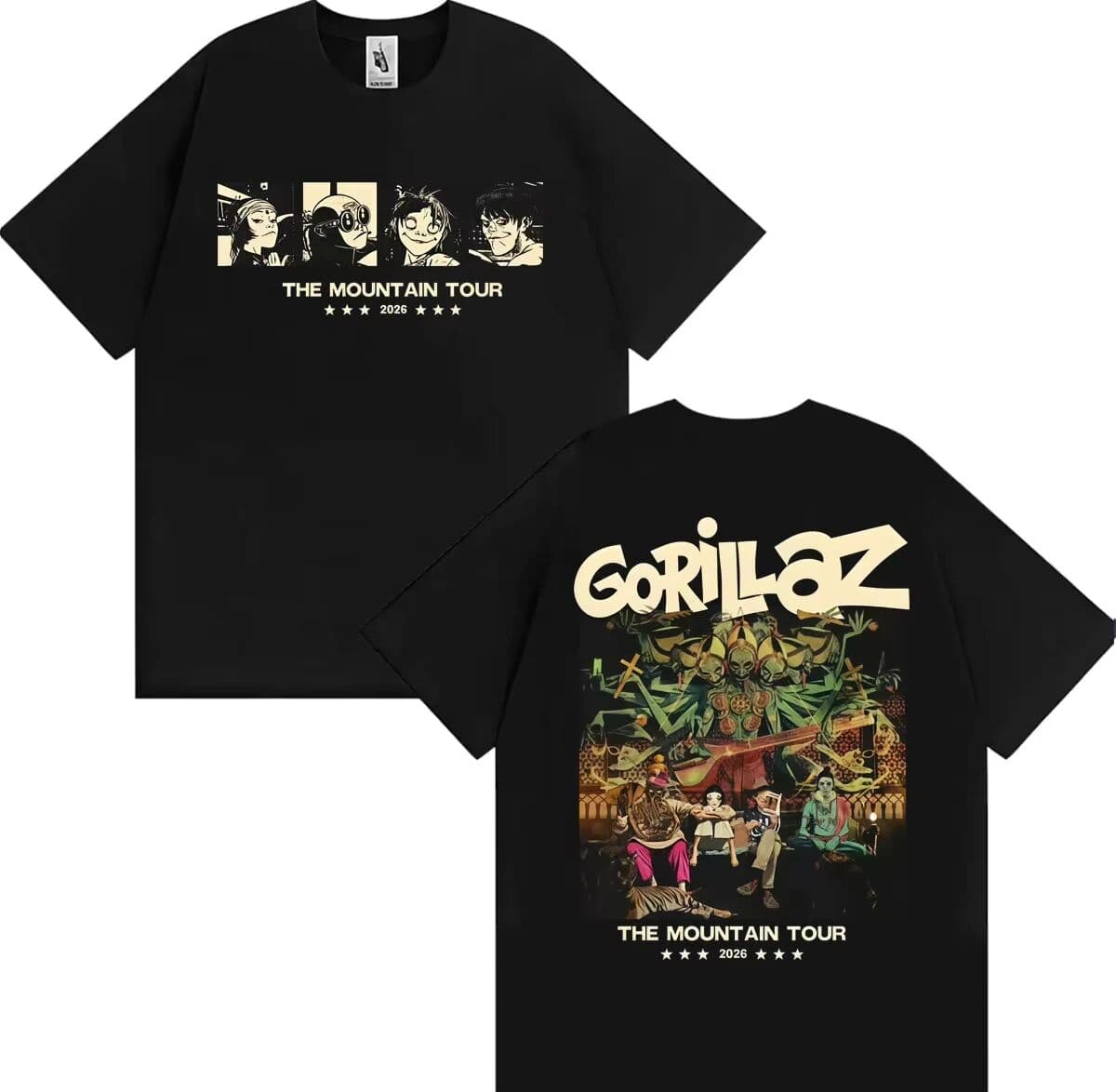 NONE 1pc Band Gorillaz The Mountain Tour 2026 Graphic  Cotton T shirt Unisex Men Women Kids Streetwear Casual Short Sleeve Tops